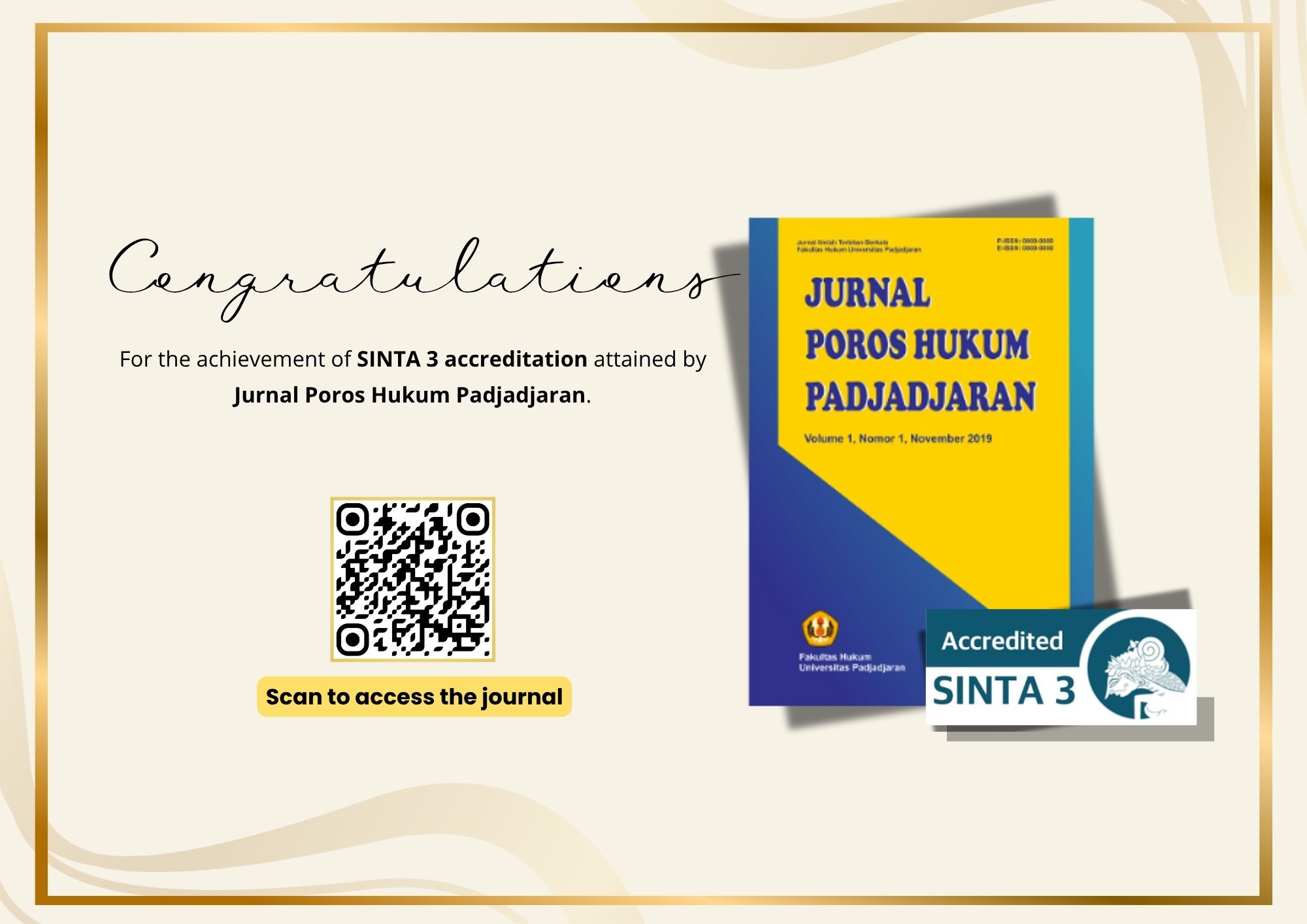The Achievement of SINTA 3 Accreditation by Jurnal Poros Hukum Padjadjaran