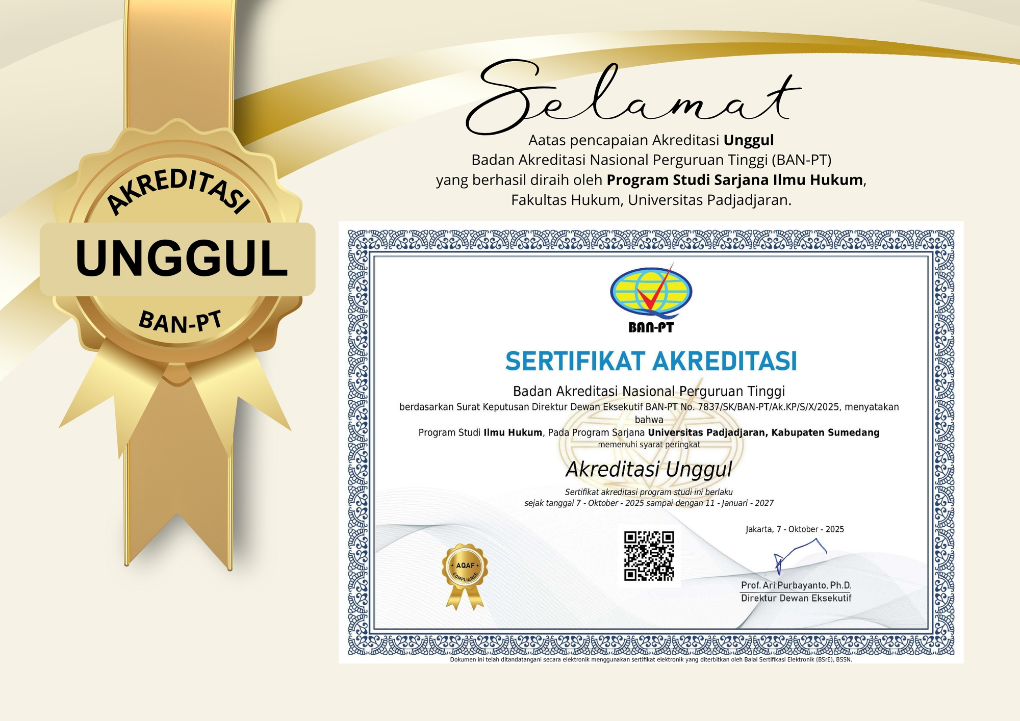 Raihan Akreditasi Unggul Program Studi Sarjana Ilmu Hukum Fakultas Hukum, Universitas Padjadjaran